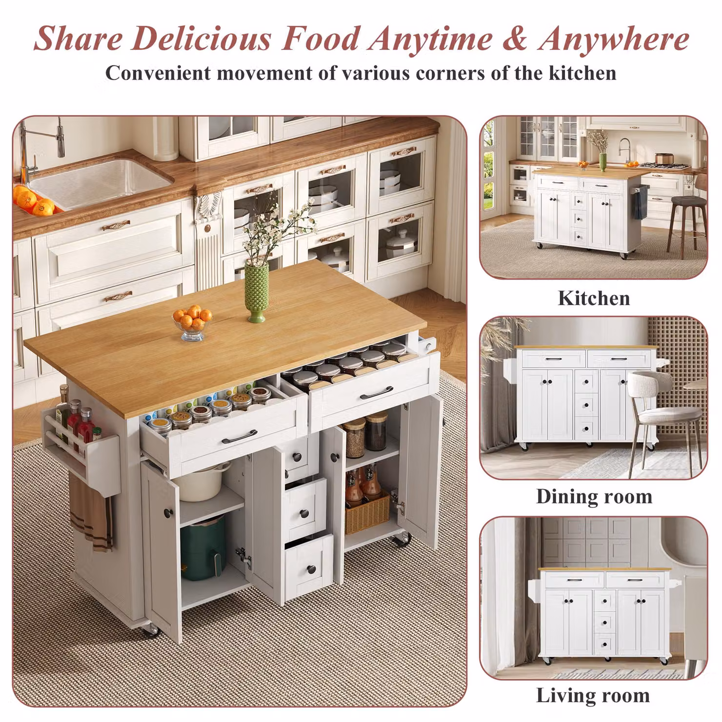 Aosom UK Versatile Kitchen Trolley with Extendable Worktop and 5 Drawers in White and Natural, W: 65 cm, D: 65 cm, H: 89 cm – 3