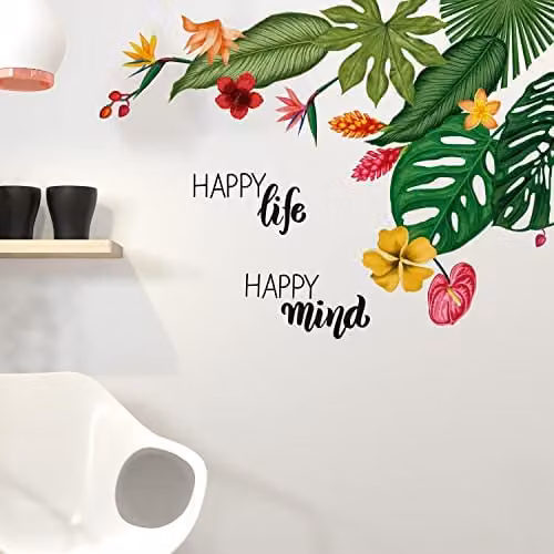 WALPLUS Tropical Summer Floral Wall Stickers, 26 Piece Multicolour Removable Adhesive Decals for Nursery and Kids Bedroom Decor