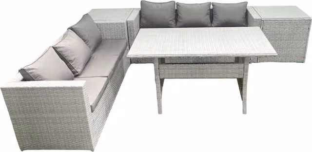 Fimous 6 Seater Rattan Garden Furniture Set with Dining Table and 2 Side Tables in Light Grey
