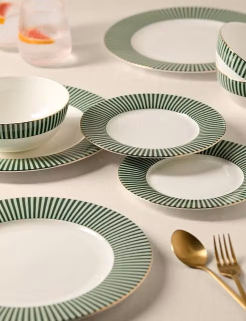 M&S Hampton 12 Piece Green and Gold Striped Bone China Dinner Set