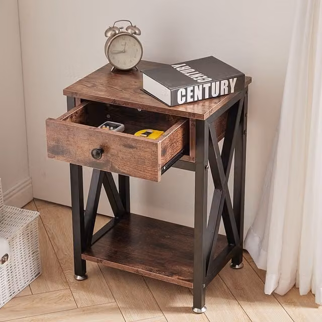 Livingandhome Industrial Brown Wood and Metal X-Frame Square Side Table
