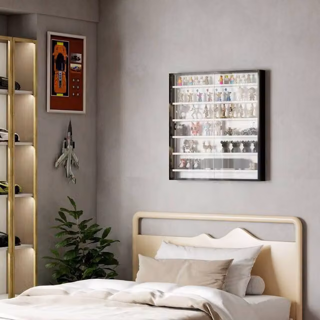 HOMCOM Classic Wall Mounted 7-Tier Display Cabinet with Glass Doors and Internal Shelves in Black and Multicolour