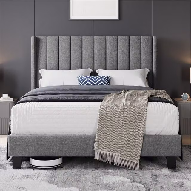 Yaheetech Upholstered Double Bed Frame with Channel Tufted Headboard in Grey