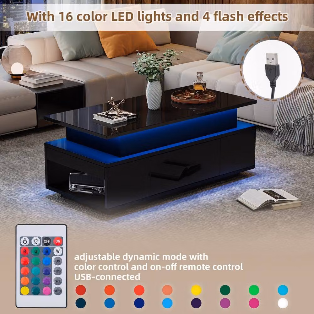 BTM Modern Black Lift-Top Coffee Table with Drawer and LED Lights, W/D/H: 96 x 45 x 40 cm – 5