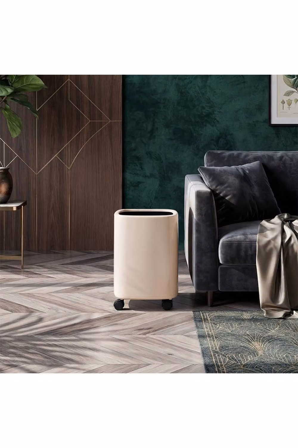 Living and Home 12L Wide Open Plastic Rubbish Bin with Castors in Beige – 4