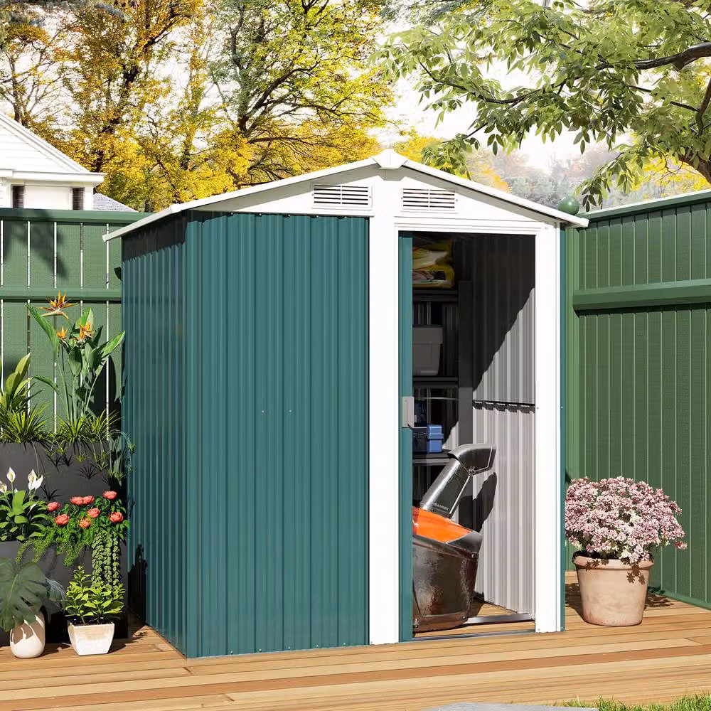 Rolipo Green Metal Pent Garden Shed with Sliding Door and Foundation, W/D/H: 152 x 132 x 188 cm – 4