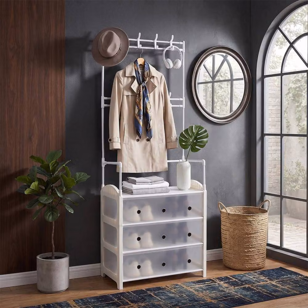 KORVIXA 4 Tier Coat Rack and Shoe Storage Shelf in White, Width: 90 cm – 2
