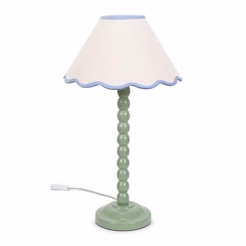 ValueLights Sage Green Bobbin Stem Table Lamp with Blue Trim Scallop Shade and Included Bulb – 1