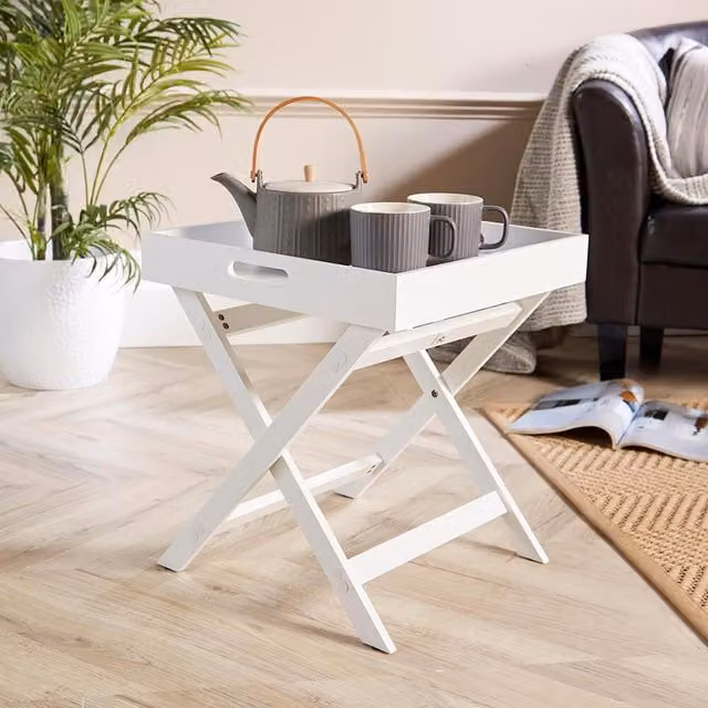 Home Source Folding Butler Side Table and Portable Wooden Serving Tray in White, W/D/H: 44.5 x 40 x 40 cm