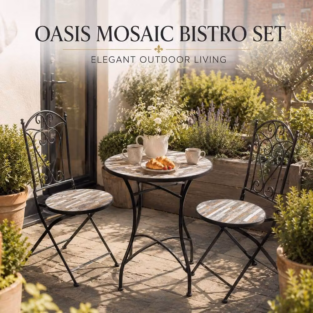 Shatchi Mosaic Bistro Set with Round Ceramic Table and 3 Folding Chairs in Multicolour – 5