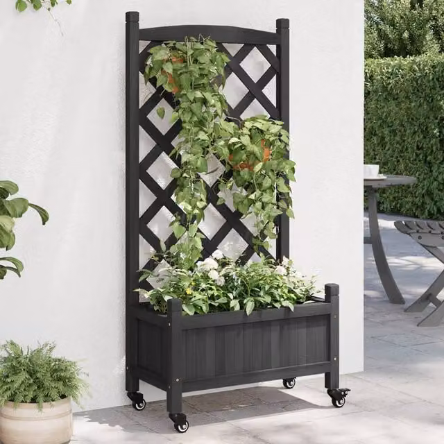 Berkfield Home Black Solid Fir Wood Planter with Trellis and Wheels