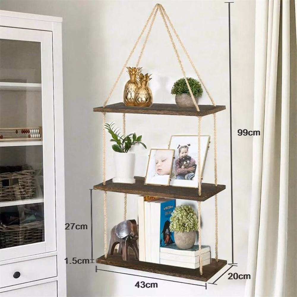FLAVORA Rustic Brown Wood Rope Hanging Floating Wall Shelves – 3