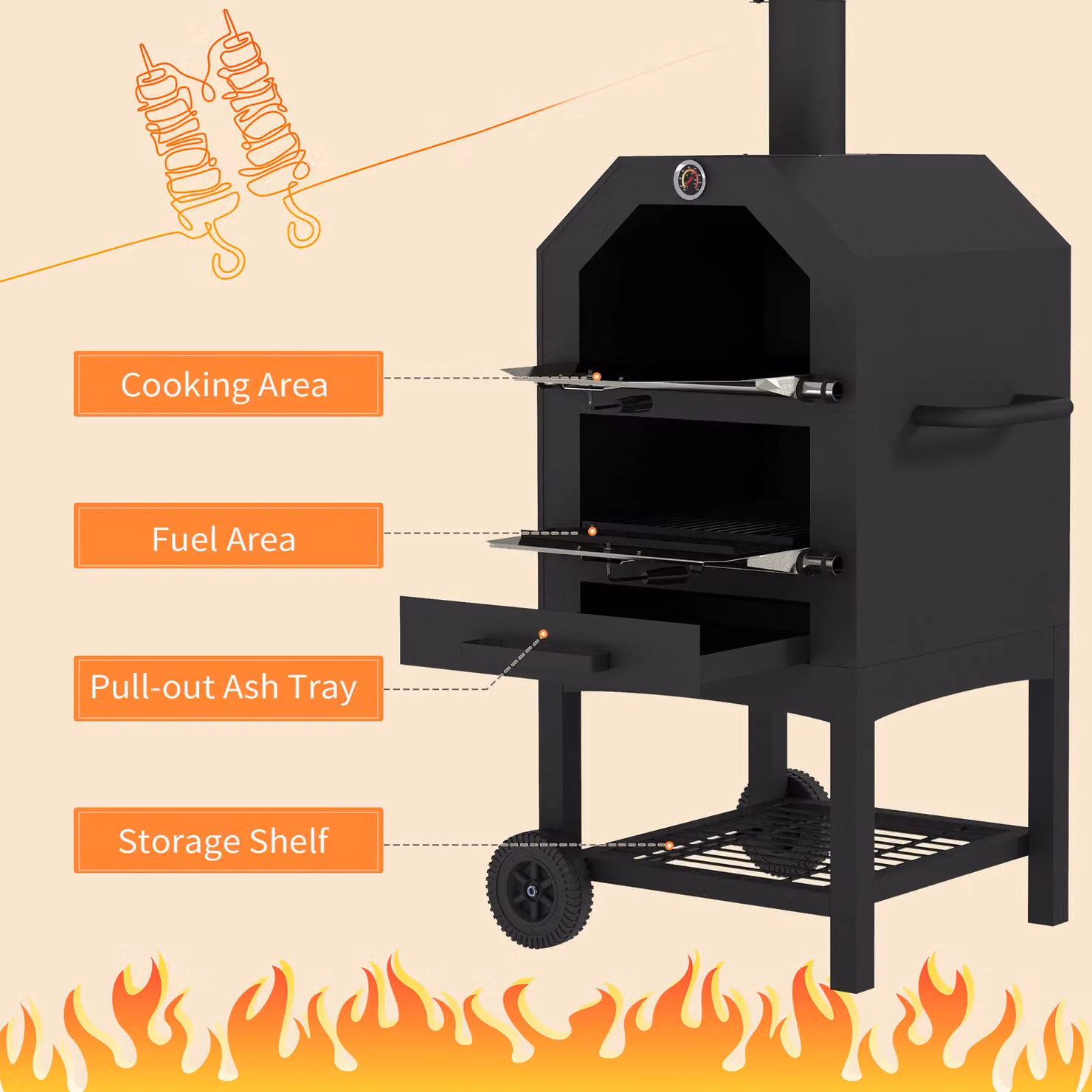 OUTSUNNY 2-in-1 Outdoor Charcoal BBQ Grill and Pizza Oven in Black with 3-Tier Freestanding Design, Rain Cover, Chimney, Thermometer and Bottom Shelf, H 158 x W 66 x D 45 cm – 5