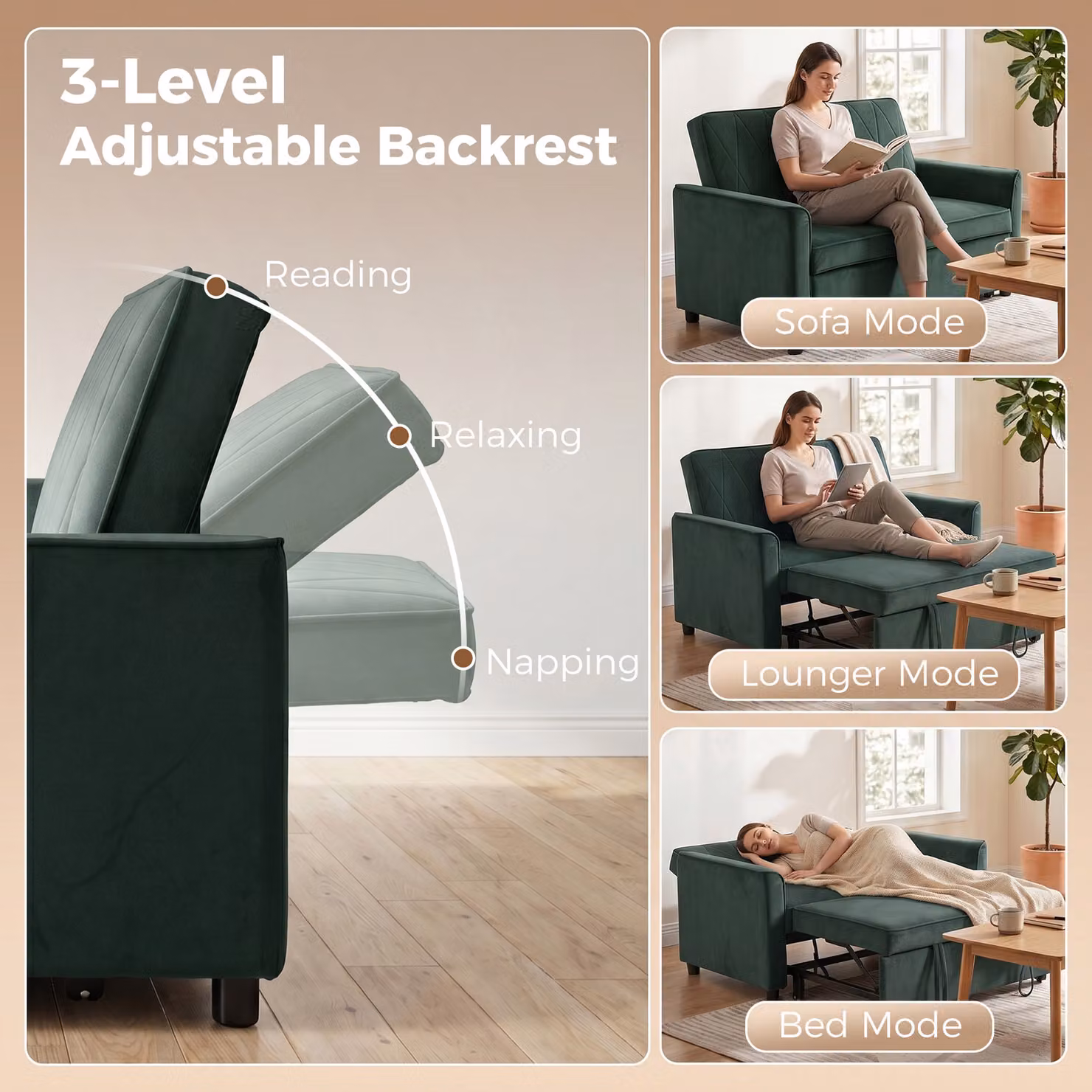 HOMCOM 2 Seater Convertible Velvet Sofa Bed with Click-Clack Adjustable Backrest, Dark Green – 5