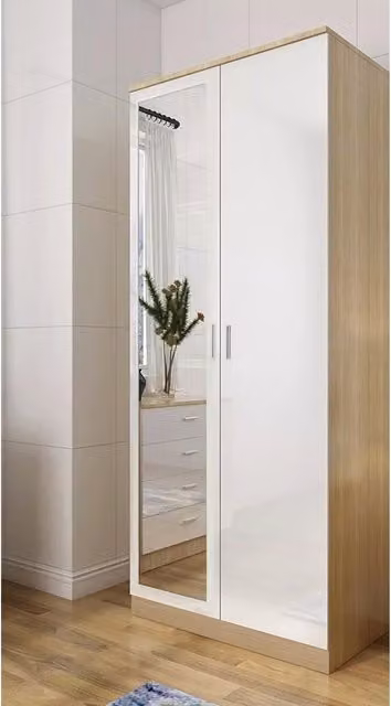 Comfy Living Modern High Gloss 2 Door Mirrored Wardrobe in Oak and White