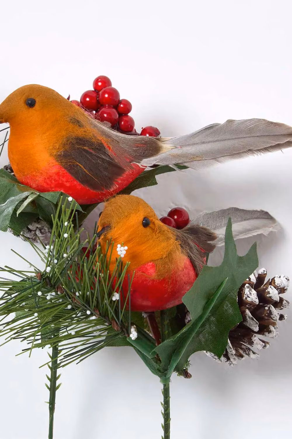 Homescapes Set of 2 Red Artificial Robin and Foliage Picks, Height: 18 cm – 2