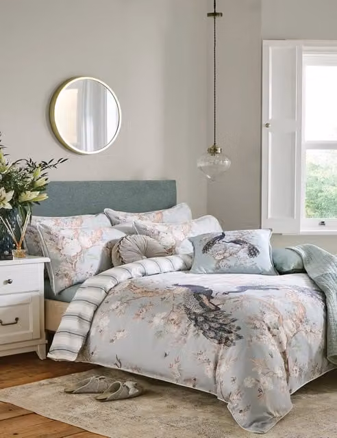 Laura Ashley Belvedere Reversible Floral Cotton Sateen Bedding Set, Duck Egg Blue, Duvet Cover 200 x 200 cm