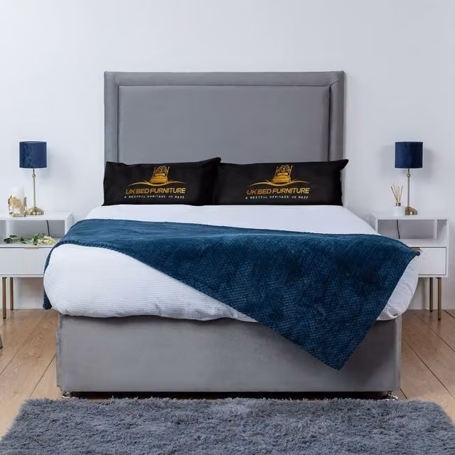 UK Bed Furniture Ascot Divan Bed Base with 26 Inch Headboard in Grey, Super King, W/D/H: 200 x 200 cm