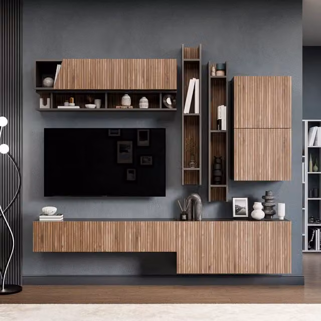 Decorotika Budva Wall Mounted Modern Entertainment Center Lowboard in Black and Wood with Geometric Pattern