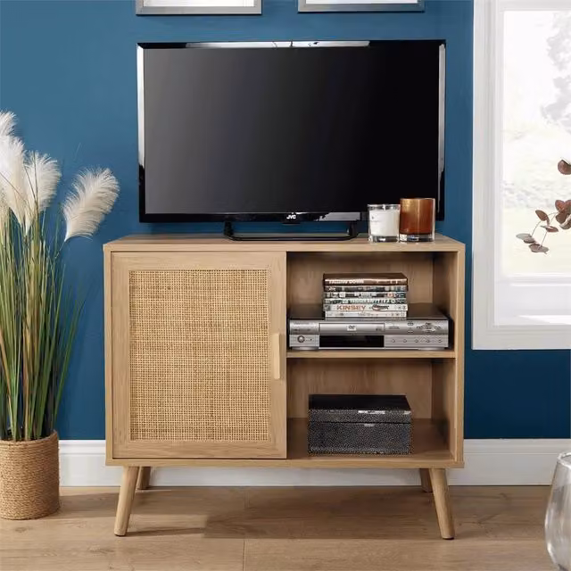 Nordara Mid Century Brown Rattan Door Open Shelving Cabinet