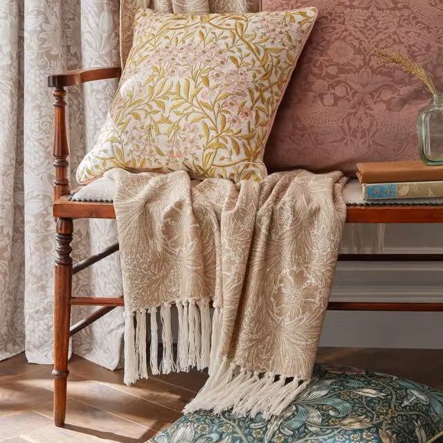 William Morris at Home Michaelmas Daisy Floral Filled Cushion, Pink and Gold, W/D/H: 43 x 43 x 43 cm – 1