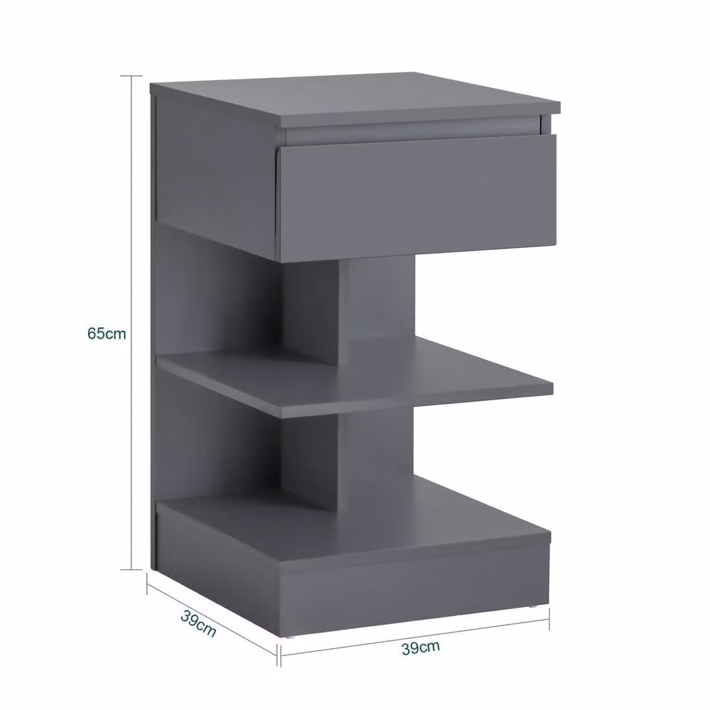 SoBuy Modern Grey Bedside Table with Side Compartments and Glass Shelves, W/D/H: 35 x 39 x 65 cm – 3
