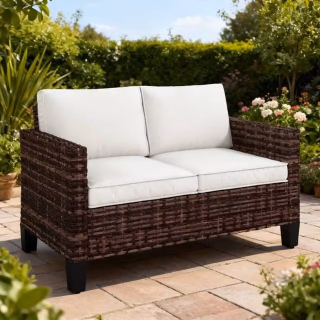 ERGOVEXA Two-Seater Rattan Outdoor Sofa in Brown with Upholstered Cushions and Removable Covers – 1