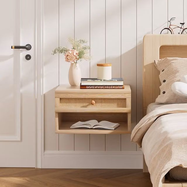 Livingandhome Brown Boho Geometric Wall-mounted Floating Bedside Table with Rattan and MDF Wood Design