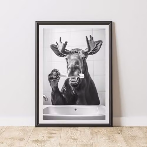 60 Second Makeover Moose Brushing Teeth Animal Print Paper Poster, A3, Multicolour