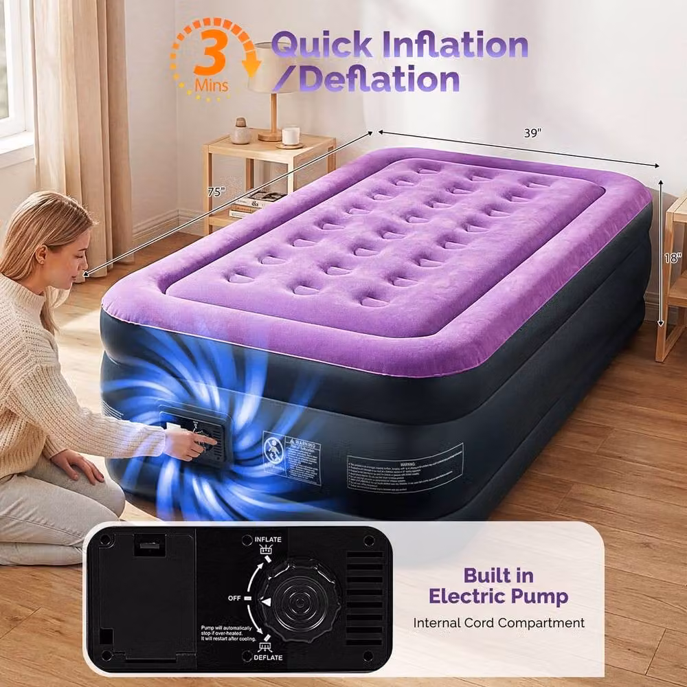 EONLION Purple Single Inflatable Air Bed with Built-in Electric Pump, W/D/H: 90 x 190 x 46 cm – 3