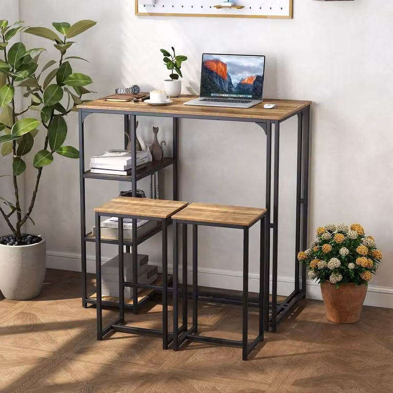 KORVIXA 3-Piece Industrial Bar Table Set with 2 Chairs in Brown, W/D/H: 100 x 100 cm