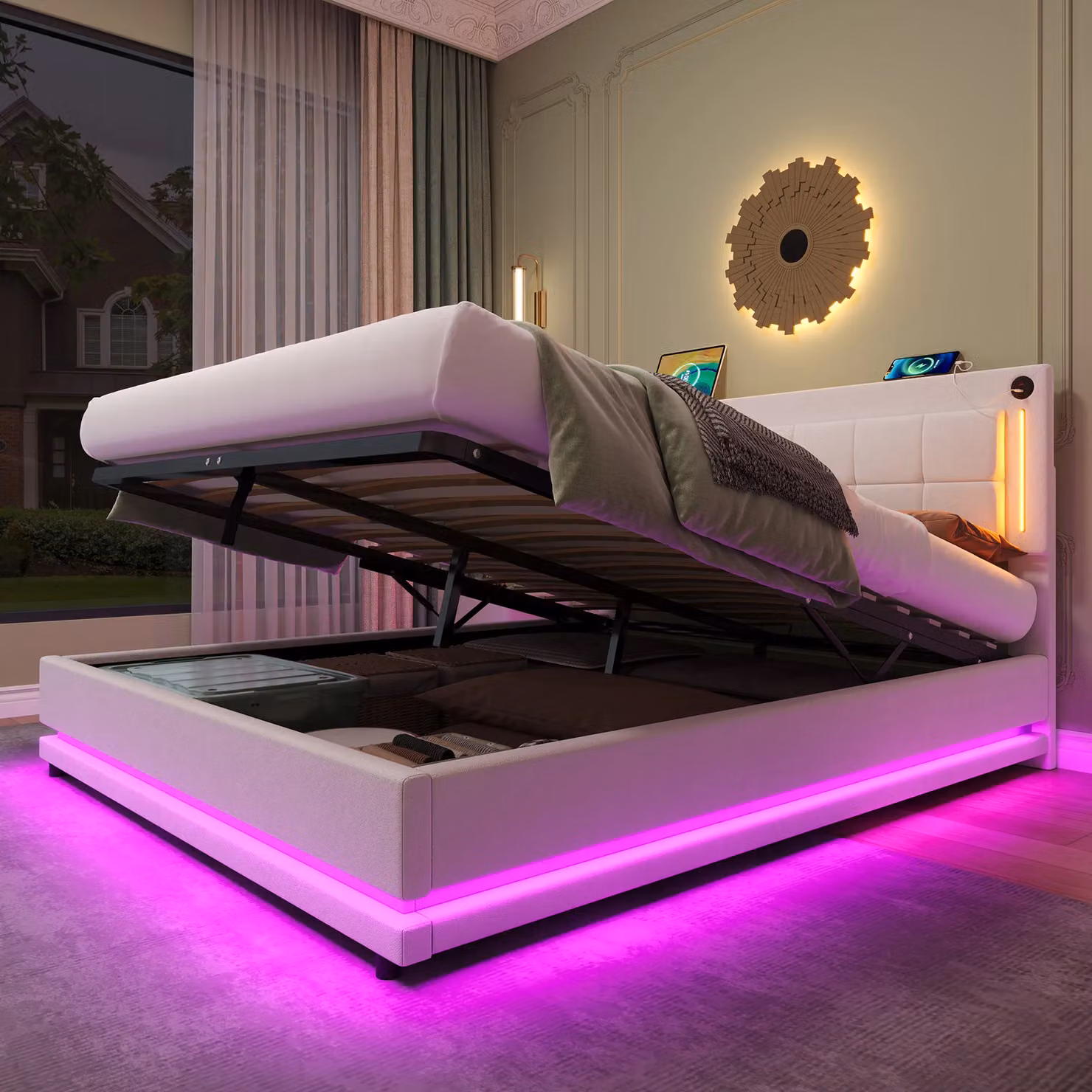 Matteo King Size Velvet Ottoman Bed Frame in Beige with RGB LED Lighting, Hydraulic Storage, and USB Charging Ports – 3