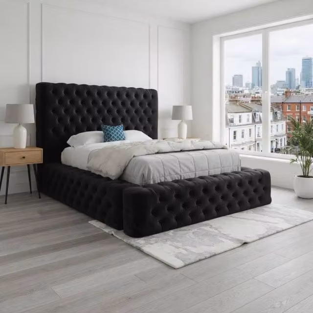 KDMD Littleton Black Velvet Pleated Chesterfield Upholstered Bed Frame, W/D/H: 137 x 120 x 200 cm