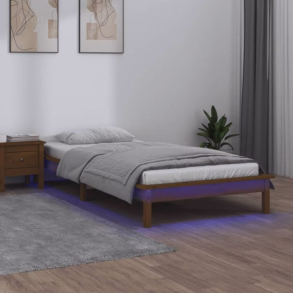 Berkfield Home Solid Wood LED Bed Frame in Brown with Under-Bed Lighting, W/D/H: 90 x 200 cm – 1