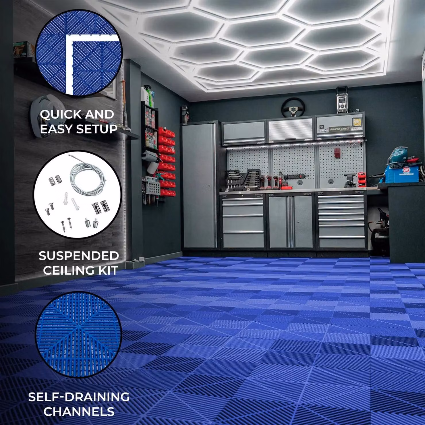 Monstershop Hexagon LED Light and Vented Garage Floor Tiles with Edges, Blue, 120 Pack – 1