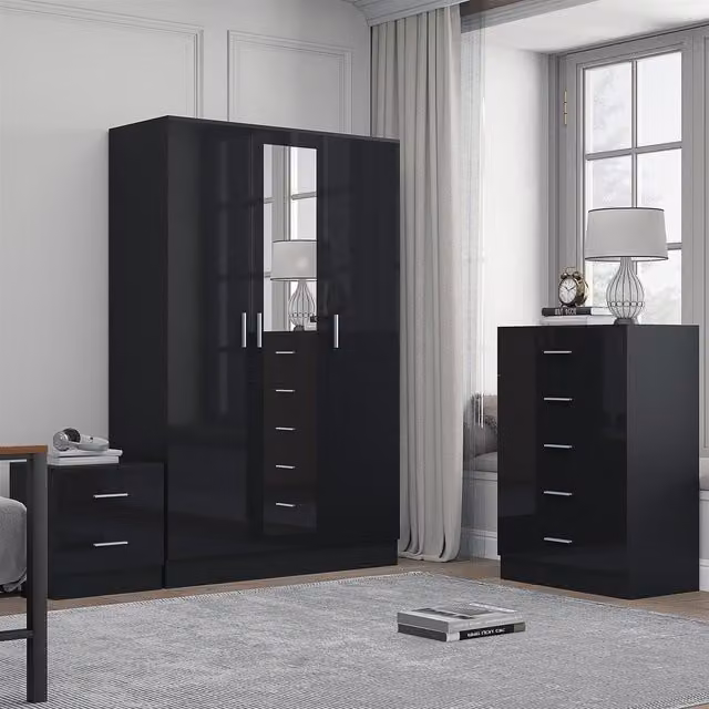 REFLECT Bedroom Furniture Bundle with 3-Door Mirror Wardrobe, Chest of Drawers and Bedside Table in Black Gloss and Matt Black