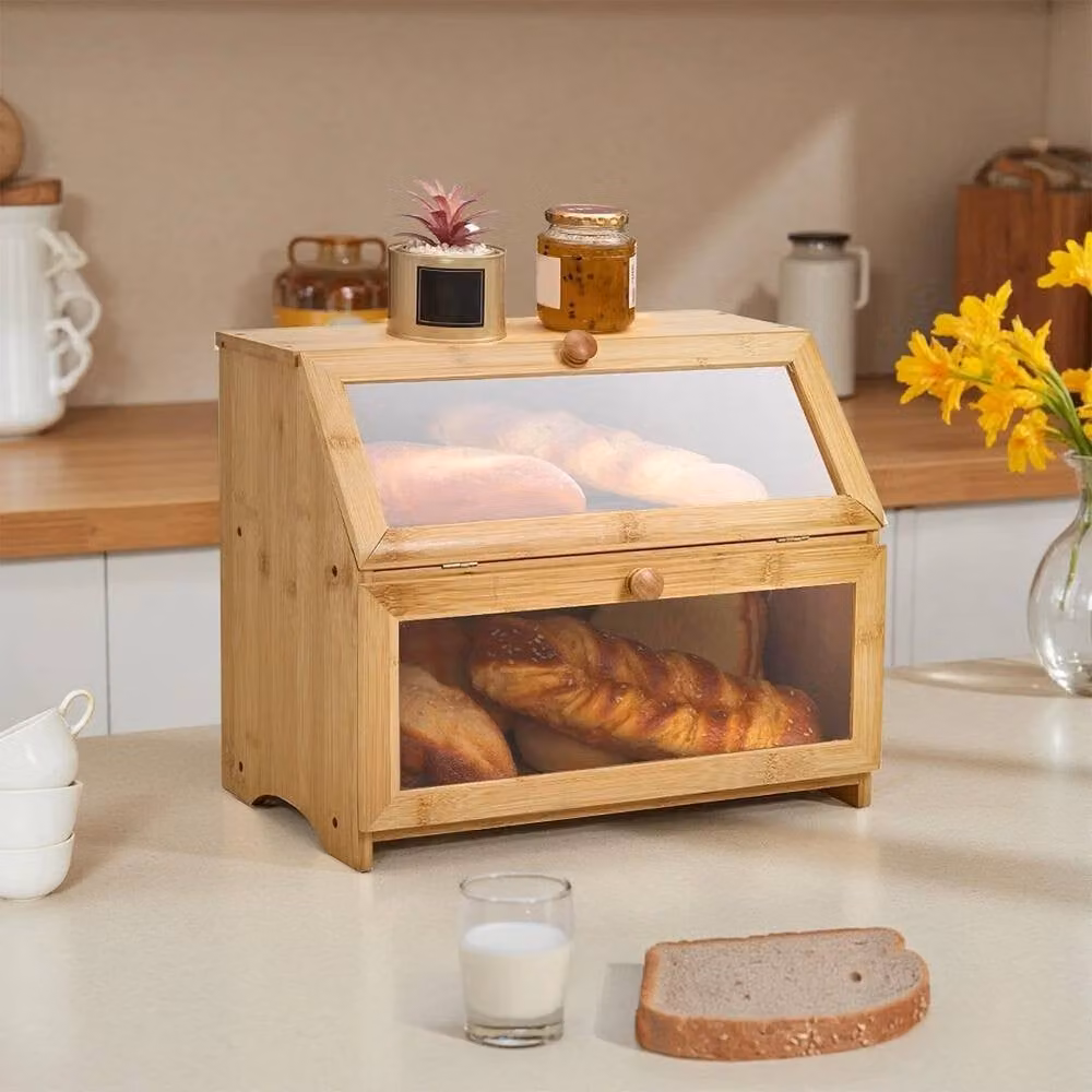 FORGEVIO Burlywood Bamboo Bread Box with Glass Door and Compartments in Brown, W/D/H: 39.0 x 32.0 x 0.6 cm – 3