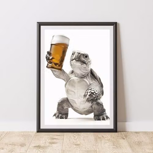 60 Second Makeover Funny Turtle Drinking Beer Illustration Paper Poster, A3