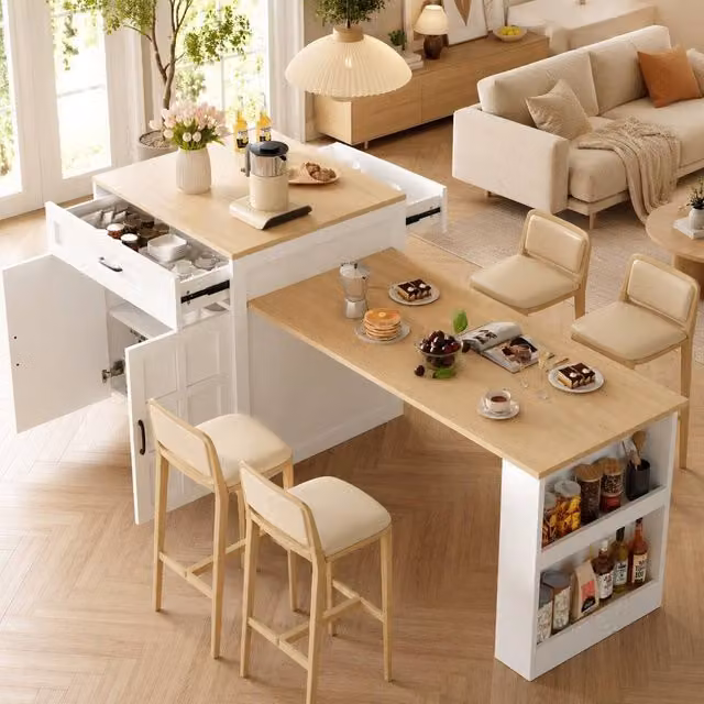 Merax Extendable Kitchen Island with Pull-Out Dining Table and Dual-Side Drawers in White
