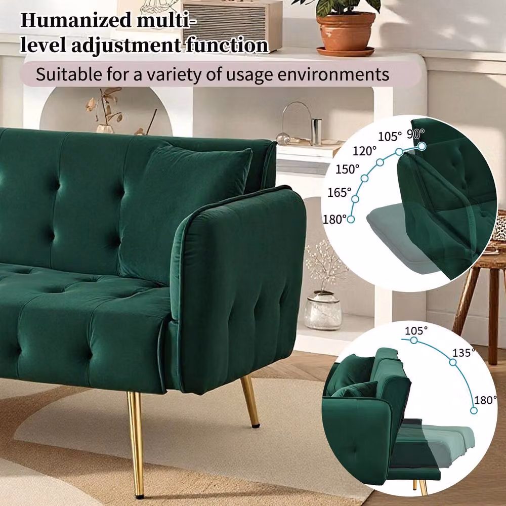 BTM 2 Seater Velvet Folding Sleeper Sofa Bed in Green with Adjustable Headrest and Solid Wood Frame – 3