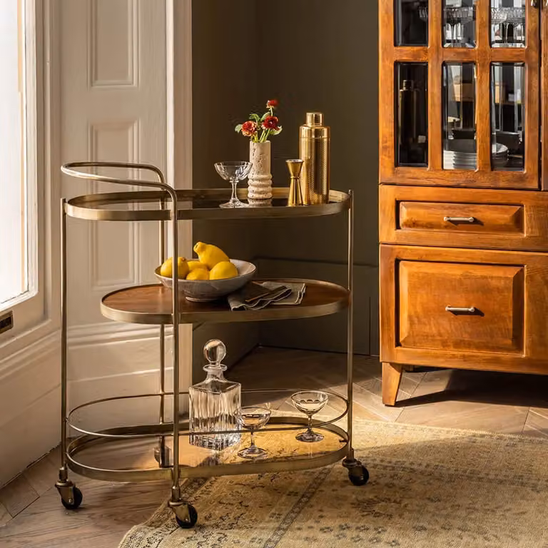 Atkin and Thyme Malone Drinks Trolley in Brown and Gold with Glass and Metal Details