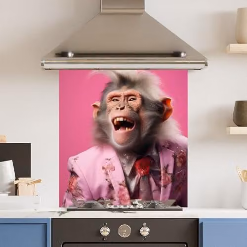 Pink Monkey Floral Toughened 6mm Glass Kitchen Splashback in Pink, W: 70 cm, H: 75 cm – 1