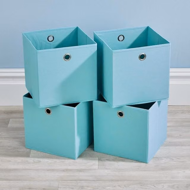 Home Source 4 Piece Set of Folding Square Fabric Storage Utility Boxes with Drawers in Aqua Blue