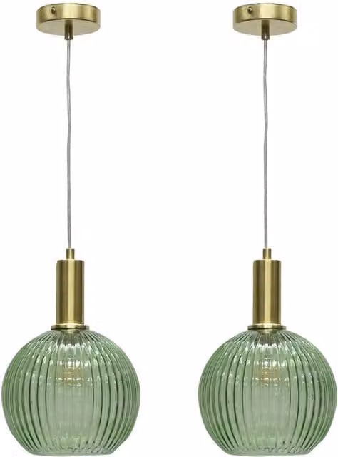 First Choice Lighting Betchley Set of 2 Art Deco Pendant Lights with Green Ribbed Glass Globes and Satin Brass Finish