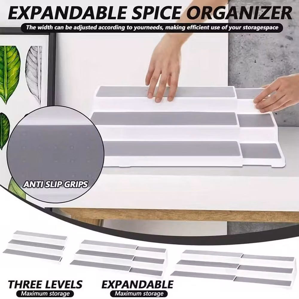 VOGREX 3-Tier Extendable Spice Storage Rack for Cupboard Jars and Tins in White – 3