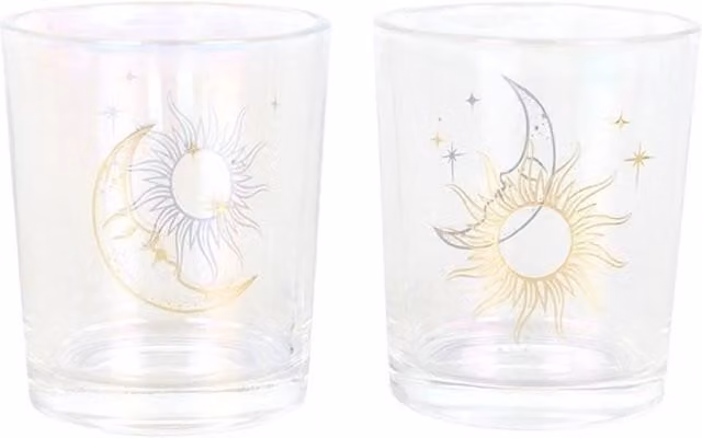 Something Different Iridescent Sun and Moon Face Votive Tealight Candle Holder Pack of 2 in Gold Glass