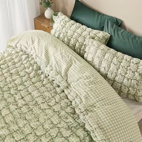 OHS Single Seersucker Gingham Check Duvet Cover Set with Pillowcase, Green, W/H: 135 x 200 cm, Pillowcase: 50 x 75 cm