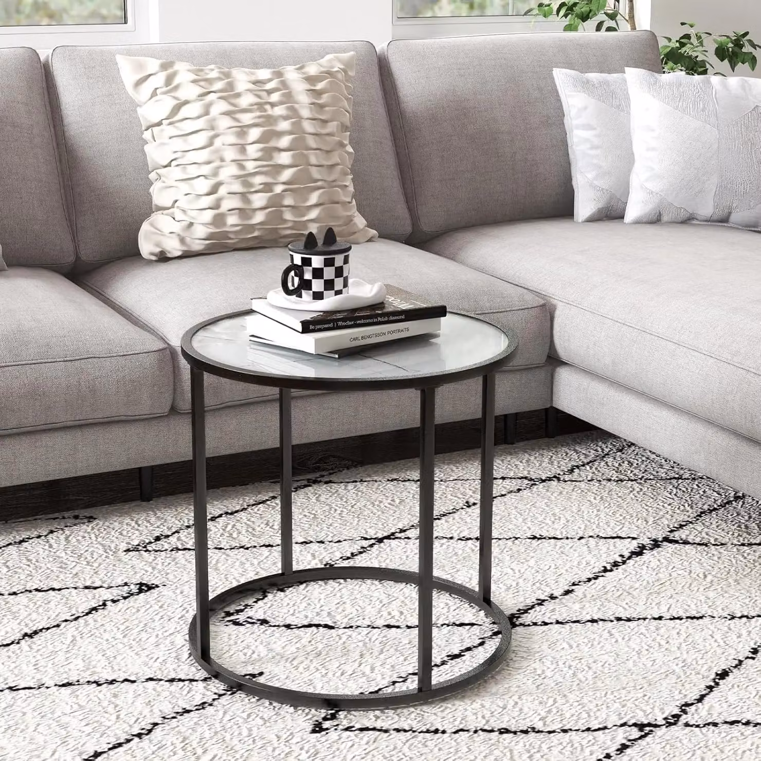 Gymax Round Glass End Table with Black Faux Marble Effect and Metal Frame, Diameter: 50 cm – 2