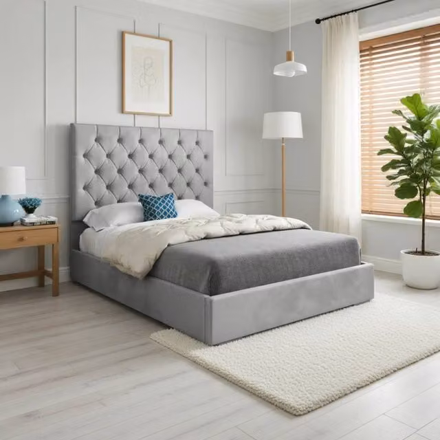 KDMD Fetcham Grey Velvet Upholstered Chesterfield Bed Frame W/D/H: 200 x 100 x 137 cm