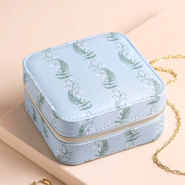 Lisa Angel Moonrise Square Linen Travel Jewellery Case in Light Blue and Beige